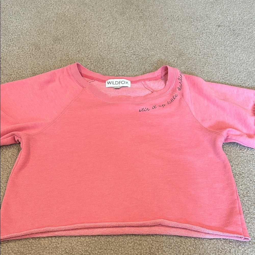 Wildfox stir it up Coral Pink short sleeve Cropped Crewneck Sweatshirt